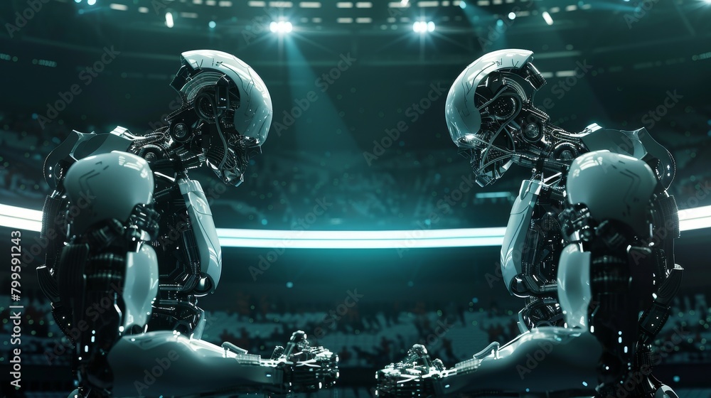 Cybernetic chip duel, AI gladiators in an arena, highcontrast spotlight,