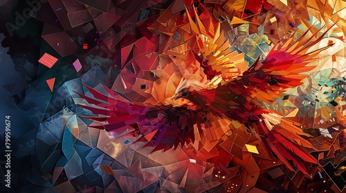 Embrace the challenge of depicting a phoenix soaring amidst a storm of geometric patterns, the camera positioned at a daringly skewed angle, emphasizing its fiery rebirth photo