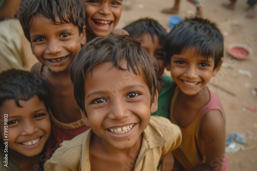 Group of indian children smiling at the camera. Selective focus.