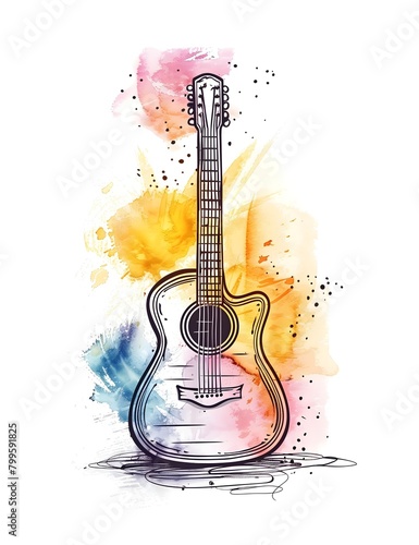 watercolor rendition of a guitar, characterized by its simplistic yet elegant design, colored artwork features soft, subtle hues that add a touch of warmth and depth to the composition