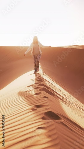 Vertical video. A woman stands at the peak of a sandy dune, looking out at the landscape below her. The wind blows through her hair as she takes in the vast expanse of sand around her. photo