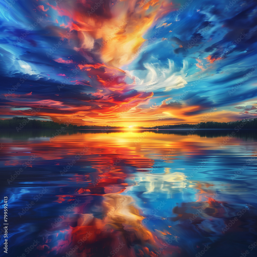 vibrant sunset over a calm lake, reflection in the water