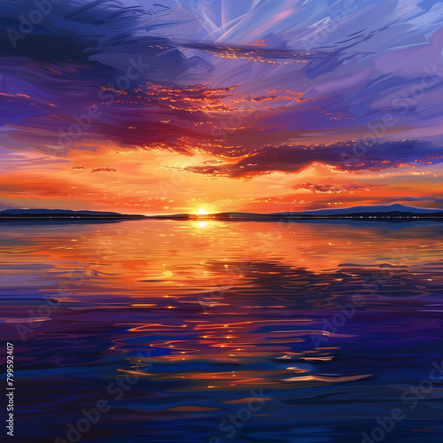vibrant sunset over a calm lake, reflection in the water