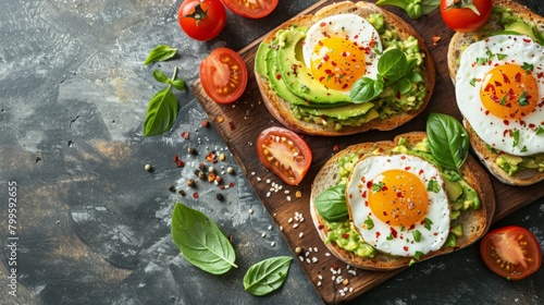 Close up of avocado toast and eggs on cutting board