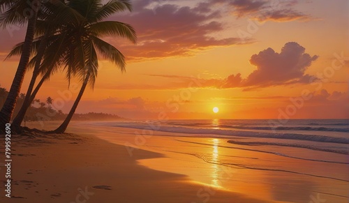 A peaceful beach bathed in the warm colors of the sunset  with the horizon painted in shades of orange  pink and gold. Gentle waves gently break on the golden sand  reflecting the last rays of dayligh