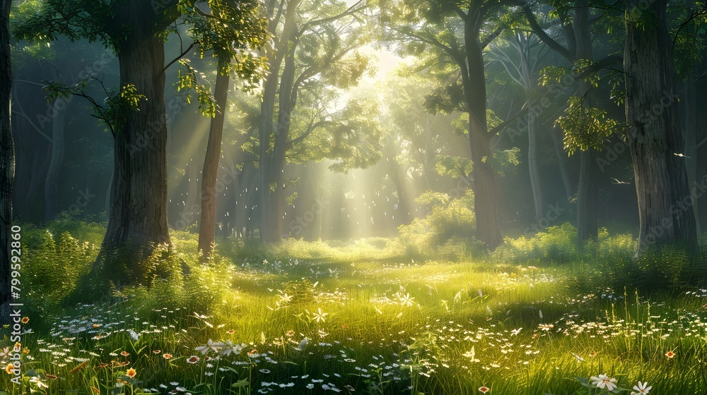 Sunlight filters through the trees in a beautiful spring forest scene, casting light on the vibrant green grass and ground's wildflowers, perfect for an overlay of text.