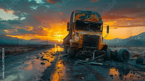 Sunset over a wrecked truck on a highway - A dramatic sunset looms behind the wreckage of a truck on a deserted highway, evoking feelings of nostalgia and transient beauty photo