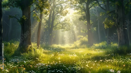 Sunlight filters through the trees in a beautiful spring forest scene  casting light on the vibrant green grass and ground s wildflowers  perfect for an overlay of text.