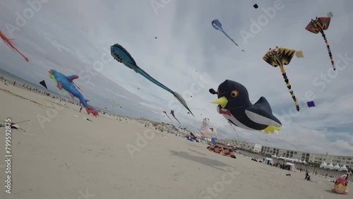 The video showcases a captivating display of colorful kites of various shapes and sizes, dancing gracefully in the sky above a vast sandy beach. The vibrant hues of the kites against the backdrop of