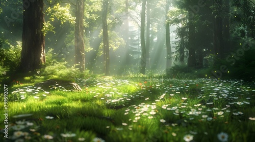 Sunlight filters through the trees in a beautiful spring forest scene  casting light on the vibrant green grass and ground s wildflowers  perfect for an overlay of text.