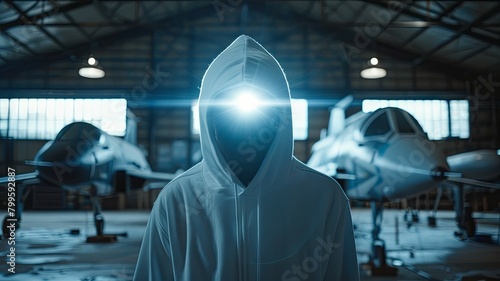 Hooded figure with glowing face in aircraft hangar - A faceless hooded figure with glowing light stands centrally in an aircraft maintenance hangar
