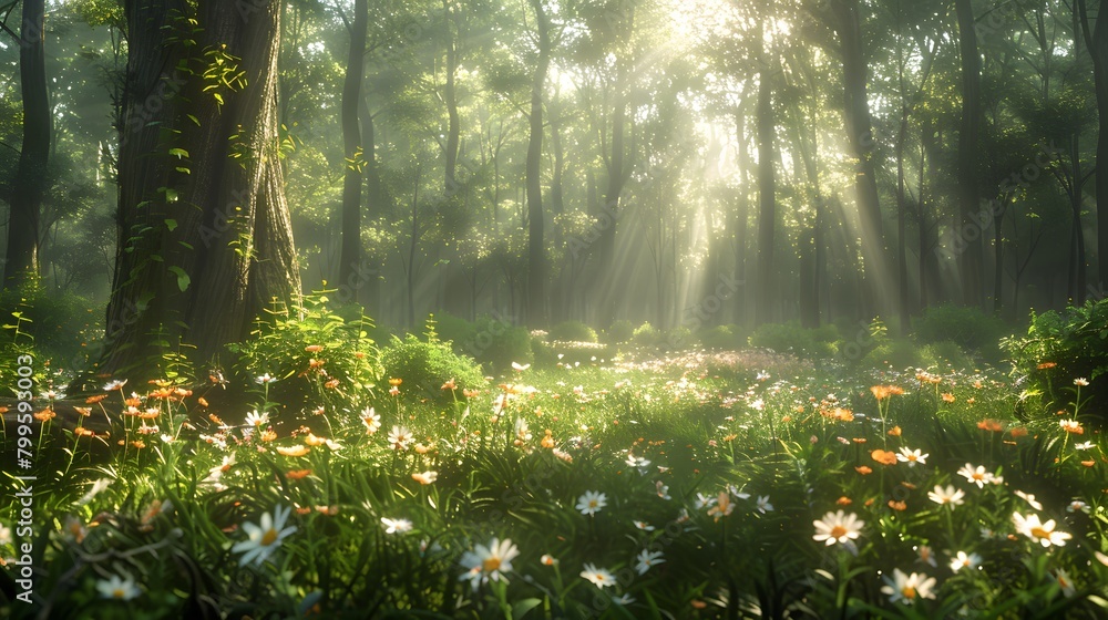 Fototapeta premium Sunlight filters through the trees in a beautiful spring forest scene, casting light on the vibrant green grass and ground's wildflowers, perfect for an overlay of text.