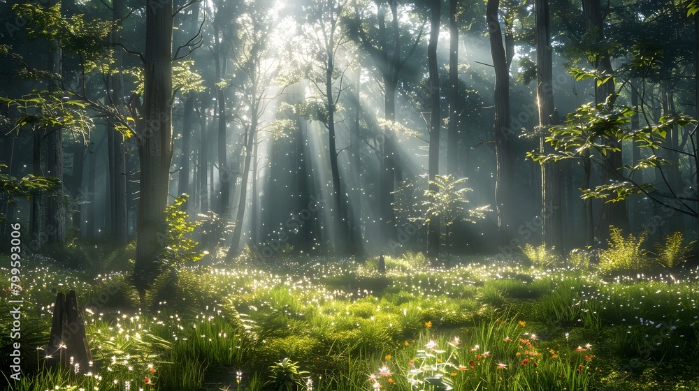 Obraz premium Sunlight filters through the trees in a beautiful spring forest scene, casting light on the vibrant green grass and ground's wildflowers, perfect for an overlay of text.