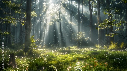 Sunlight filters through the trees in a beautiful spring forest scene, casting light on the vibrant green grass and ground's wildflowers, perfect for an overlay of text.