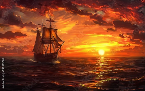 Sailing ship against a vibrant sunset sky - A majestic sailing ship embarks on a voyage across the ocean, set against a striking sunset with intense orange and red hues