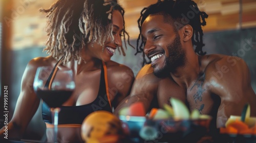 A smiling couple enjoying a postworkout meal packed with all the essential nutrients and replenishing electrolytes after a morning sauna session.. photo