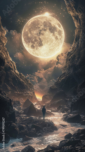 Person standing under a giant moon in canyon - A person gazes at an enormous moon rising over a rocky canyon, creating a scene of nocturnal splendor and reflection