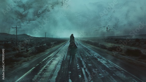 Solitary figure in snowy desert road - A solitary figure captures the cold, desolate spirit of a snowy desert road under a dramatic sky, expressing isolation and adventure