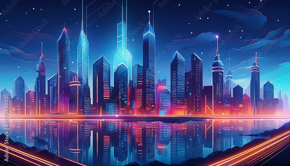  a futuristic city skyline, with sleek skyscrapers towering into the night sky and illuminated by vibrant digital displays, perfect for sci-fi concepts