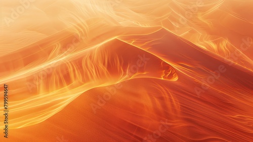 A surreal scene of orangehued dunes with dynamic wind patterns, captured in the blended style of Documentary, Editorial, and Magazine Photography,