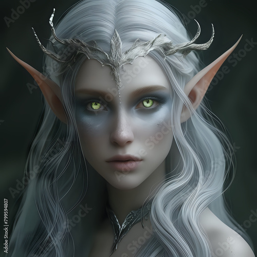 a fantasy image of a character with pale silvery skin, dappled with gray and scattered iridescent scales. The character should have striking yellow eyes and elfin finned ears - generated by ai photo