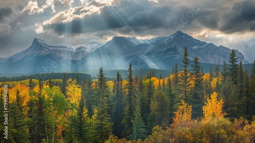 National Park in autumn, Crepuscular rays over colorful forests, Magazine Photography, photo