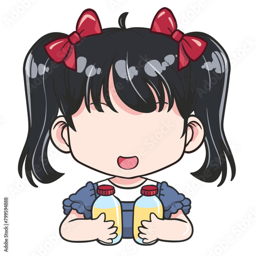 character with lively facial expressions, clutching two milk bottles