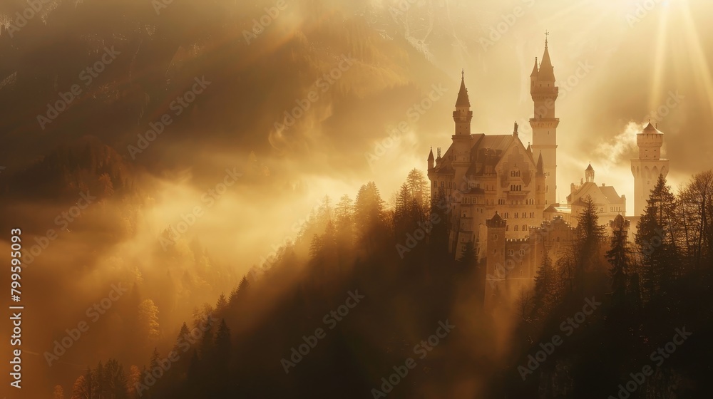 Castle, Crepuscular rays over fairytale architecture, Magazine Photography,