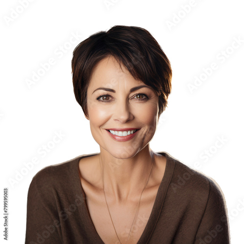 Portrait of a mature woman with happy smiling and short hair, isolated on white background