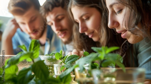 A group of people leaning in to smell the aroma of a freshly brewed herbal infusion made with mint and lemon balm.