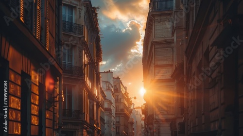 Paris streets, Crepuscular rays amidst architecture, Magazine Photography, photo