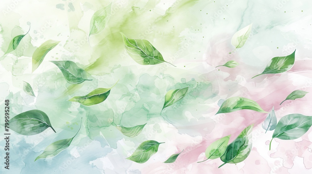 Whimsical tea leaves floating on a soft pastel watercolor background,