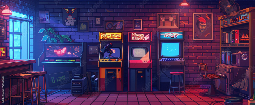 Retro neon arcade room interior, vintage game club illustration