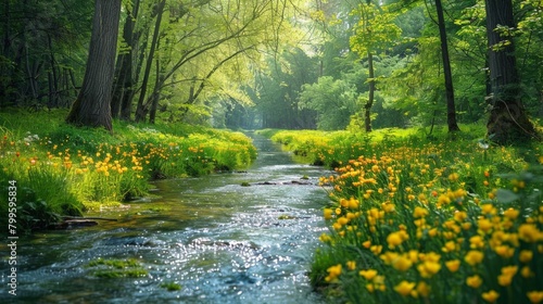 A serene creek surrounded by woods and dotted with yellow blooms