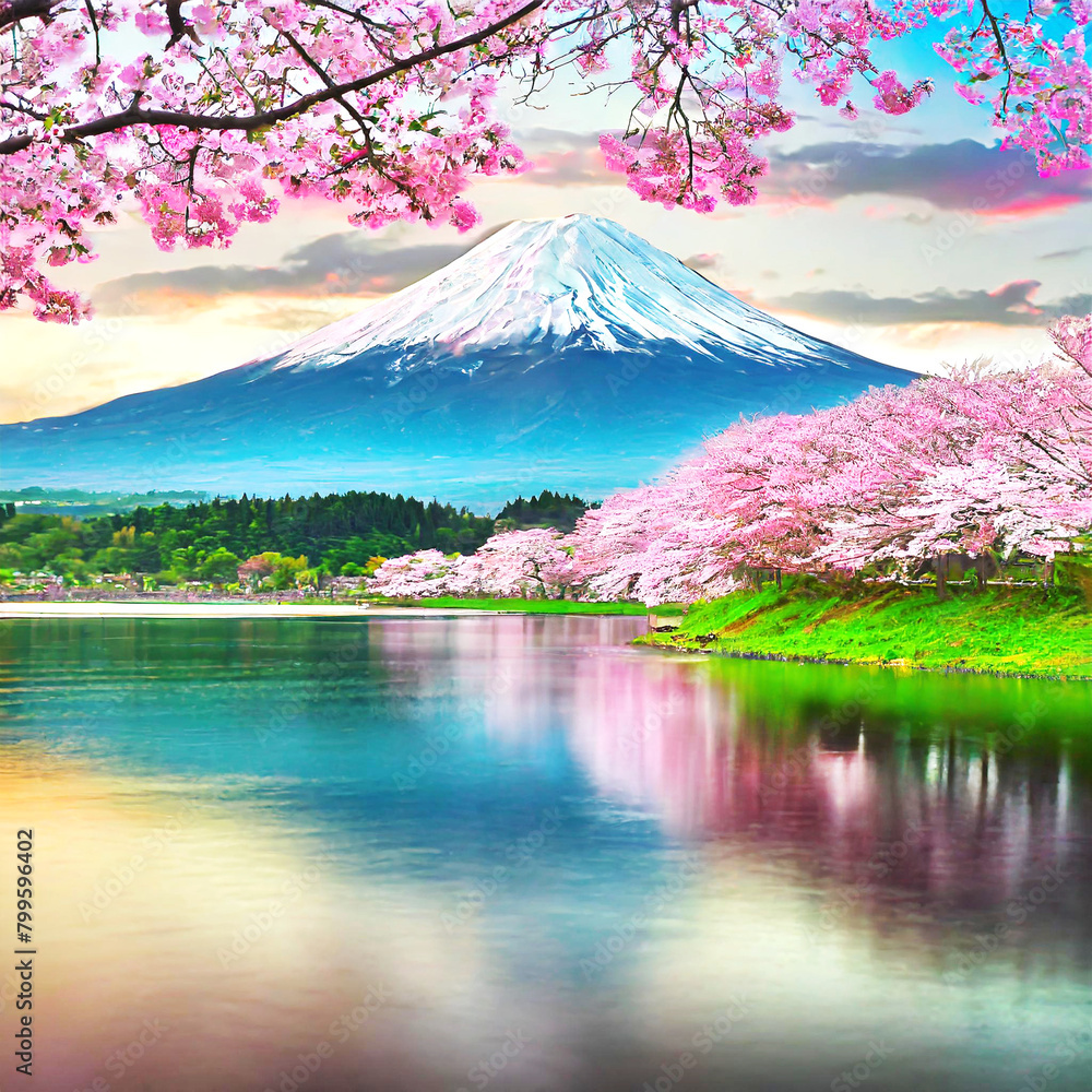 Mt. Fuji and cherry blossoms seen from Lake Kawaguchi