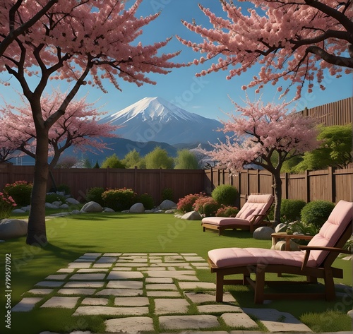 3DBackyard garden with fence and mountain on background. Japanese pink tree and grass on back yard near table, chair and swing. Cherry blossom scene for 

 photo