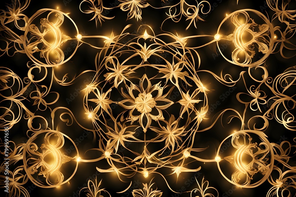 A gold and black patterned background with flowers and swirls