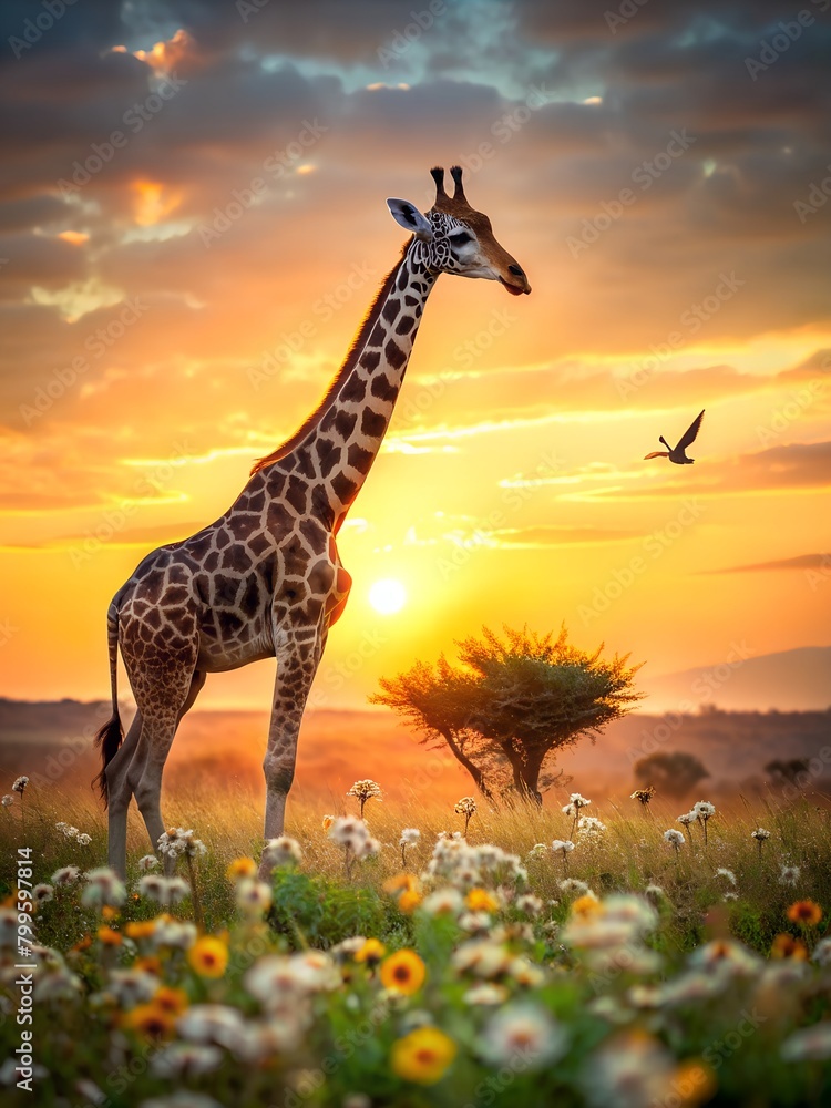 a giraffe is standing in a field with a sunset in the background.