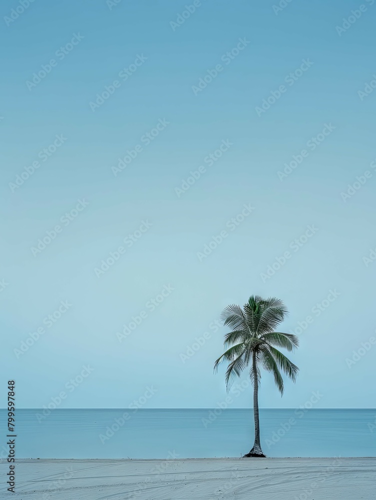 Solitary palm tree against calm sea - An image capturing the simplicity of a single palm tree against the vastness of a peaceful ocean and sky