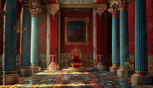A royal throne room in the style of Russian red and blue colors, with columns on each side of it and a large portrait hanging above an ornate chair placed at its center, adorned by gold accents. photo