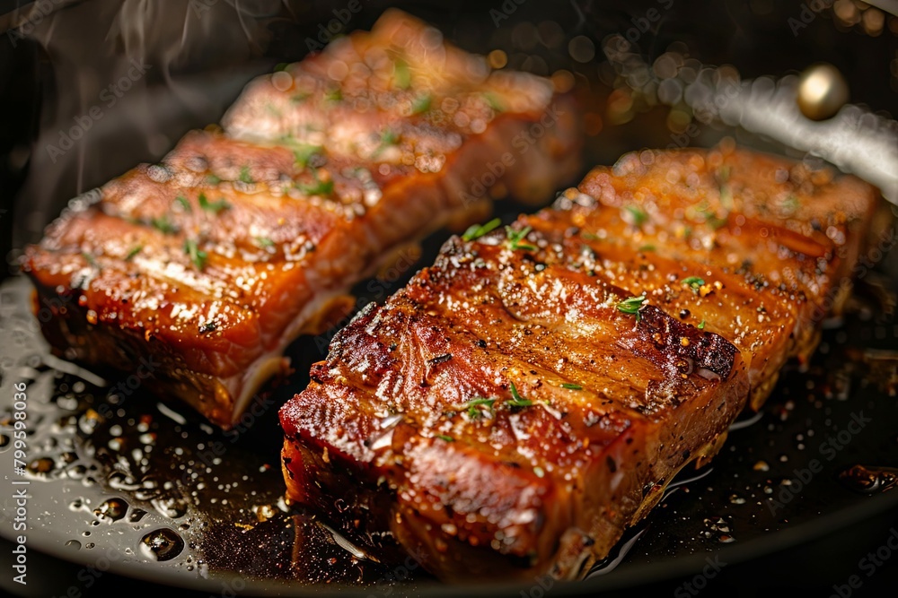 Sizzling Pork Belly in Pan Close-up Shot - Close-up capture of succulent pork belly slices cooking in a hot pan, showcasing textures and culinary art