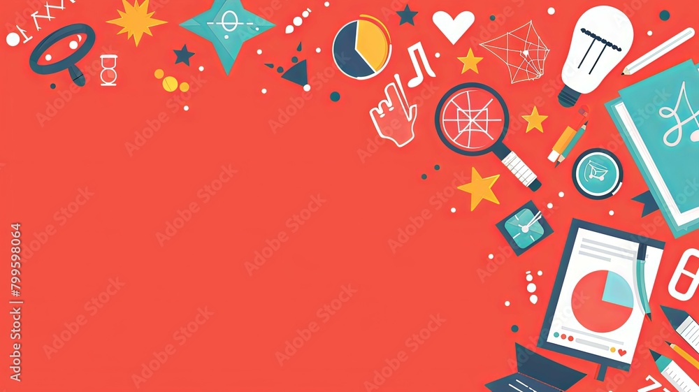Educational and creative elements on red - Detailed graphic artwork showcasing educational icons and creative design elements
