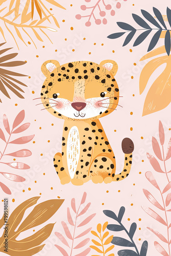 Adorable smiling leopard illustration for kids - Charming and colorful illustration of a happy leopard with a cute smile surrounded by tropical leaves