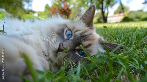Playful Ragdoll cat lounging in the grass - Close-up of a delightful Ragdoll cat with striking blue eyes enjoying a relaxing time on a green grassy field photo