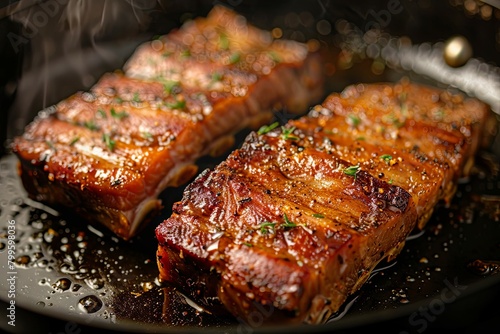 Sizzling Pork Belly in Pan Close-up Shot - Close-up capture of succulent pork belly slices cooking in a hot pan  showcasing textures and culinary art