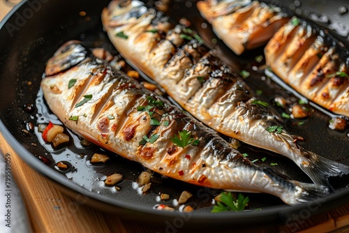 Grilled mackerel fillets on a pan close-up - Delicious mackerel fillets with herbs grilled to perfection on a pan, exuding an appetizing aroma