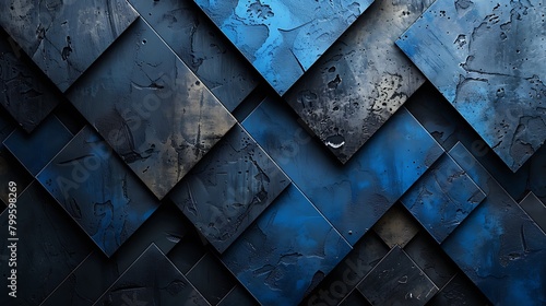 A modern take on urban stealth, with abstract layers of dark gray and black diagonals arranged in a camouflage pattern, dramatically highlighted with neon blue accents