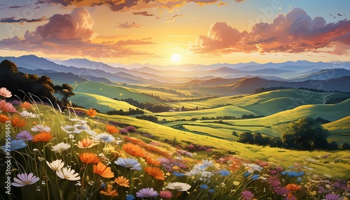 a dreamy landscape of rolling hills and blooming wildflowers, with the setting sun casting a warm glow over the countryside, ideal for pastoral-themed designs." © ishfaquehussain