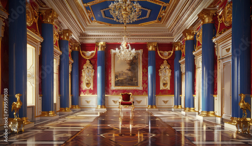 the throne room of the Russian Emperor in St Petersburg, red walls with gold trim and blue marble columns, ornate white chair on platform at center, opulent wall tapestries, geometric floor patterns photo