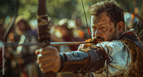 Man with focused expression aiming bow and arrow, dressed in medieval costume